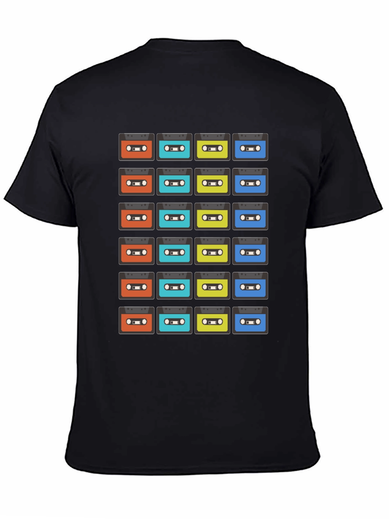 Retro Cassette Tape Pattern Black T-Shirt