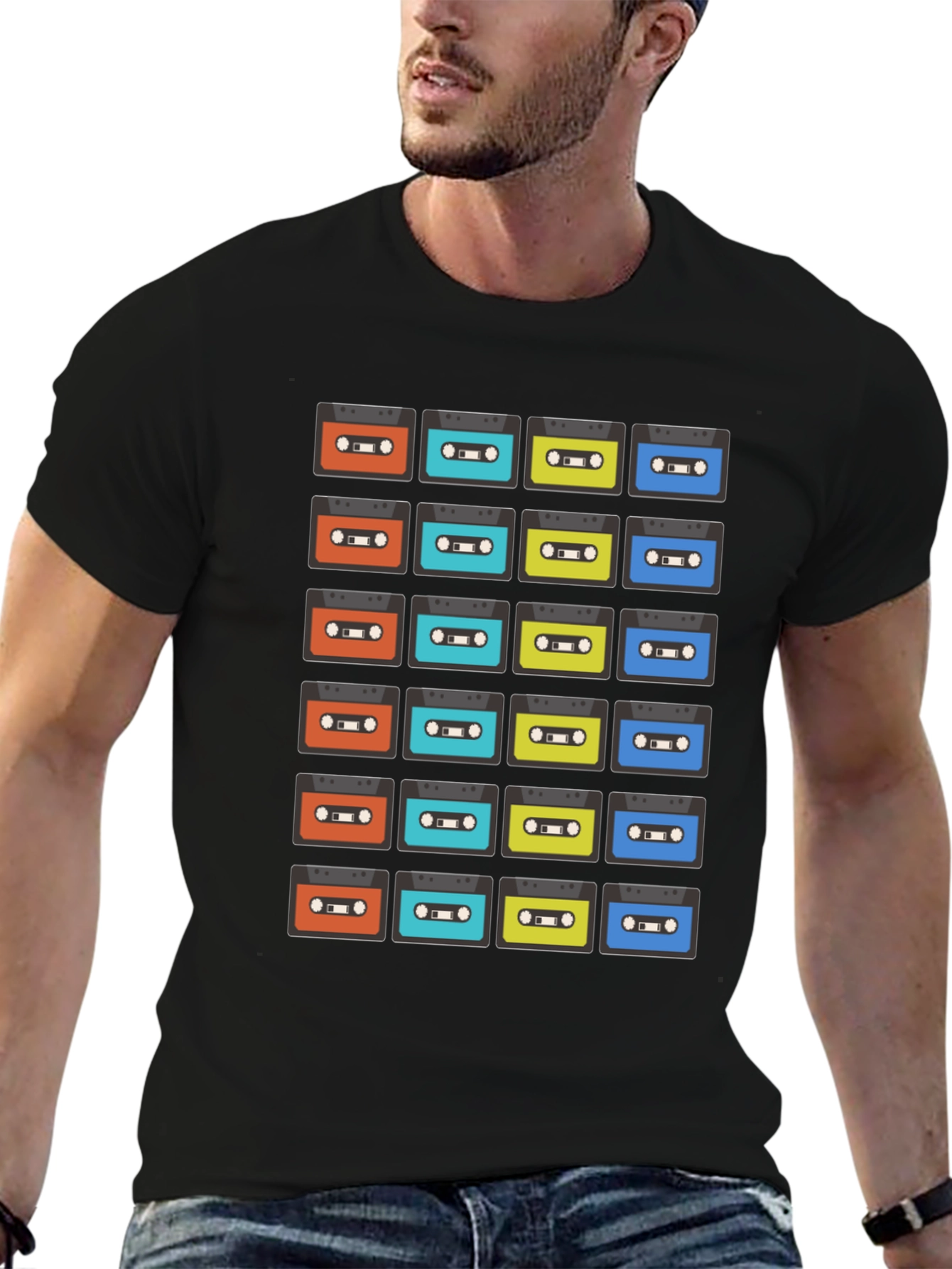 Retro Cassette Tape Pattern Black T-Shirt