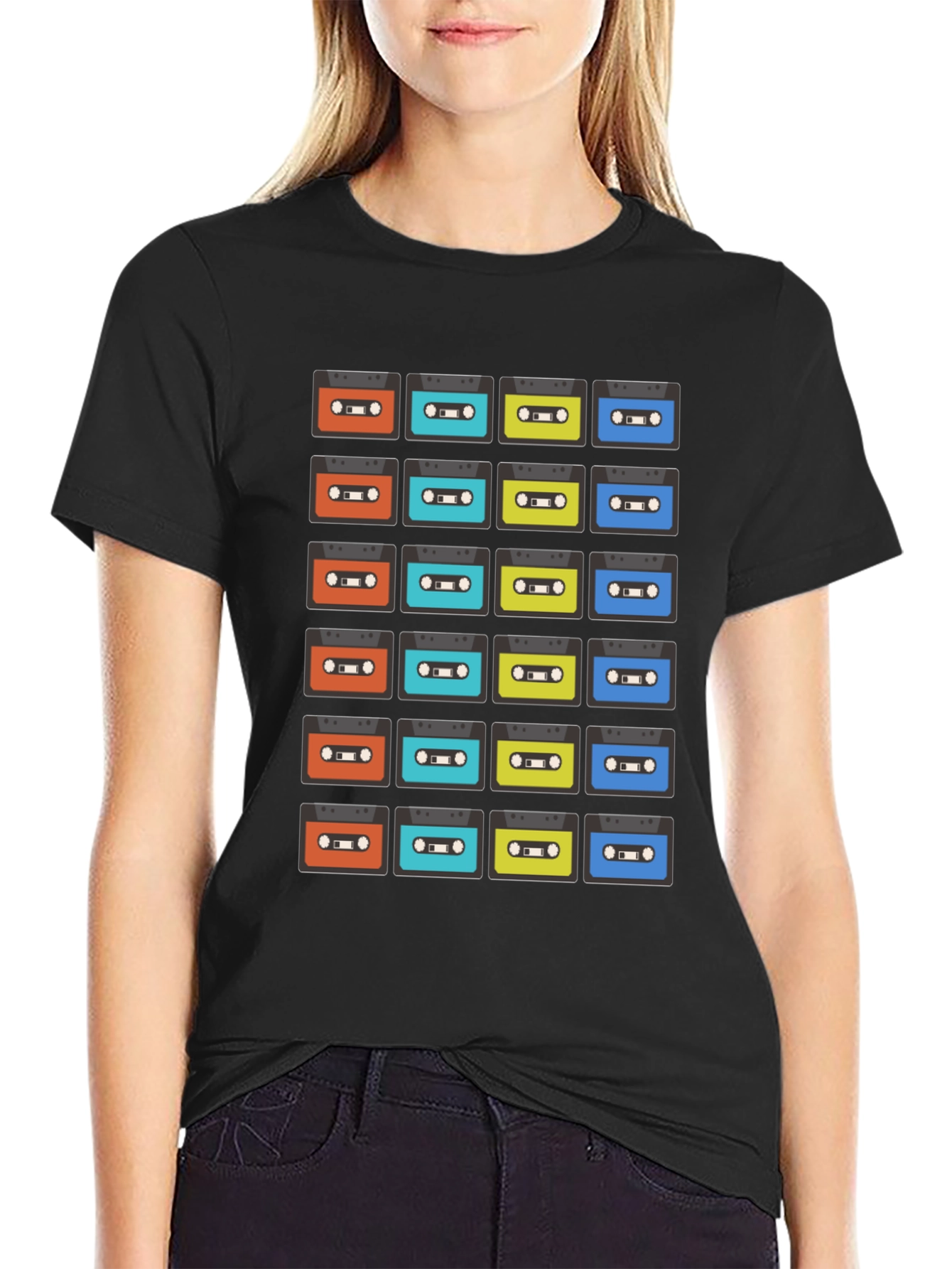 Retro Cassette Tape Pattern Black T-Shirt