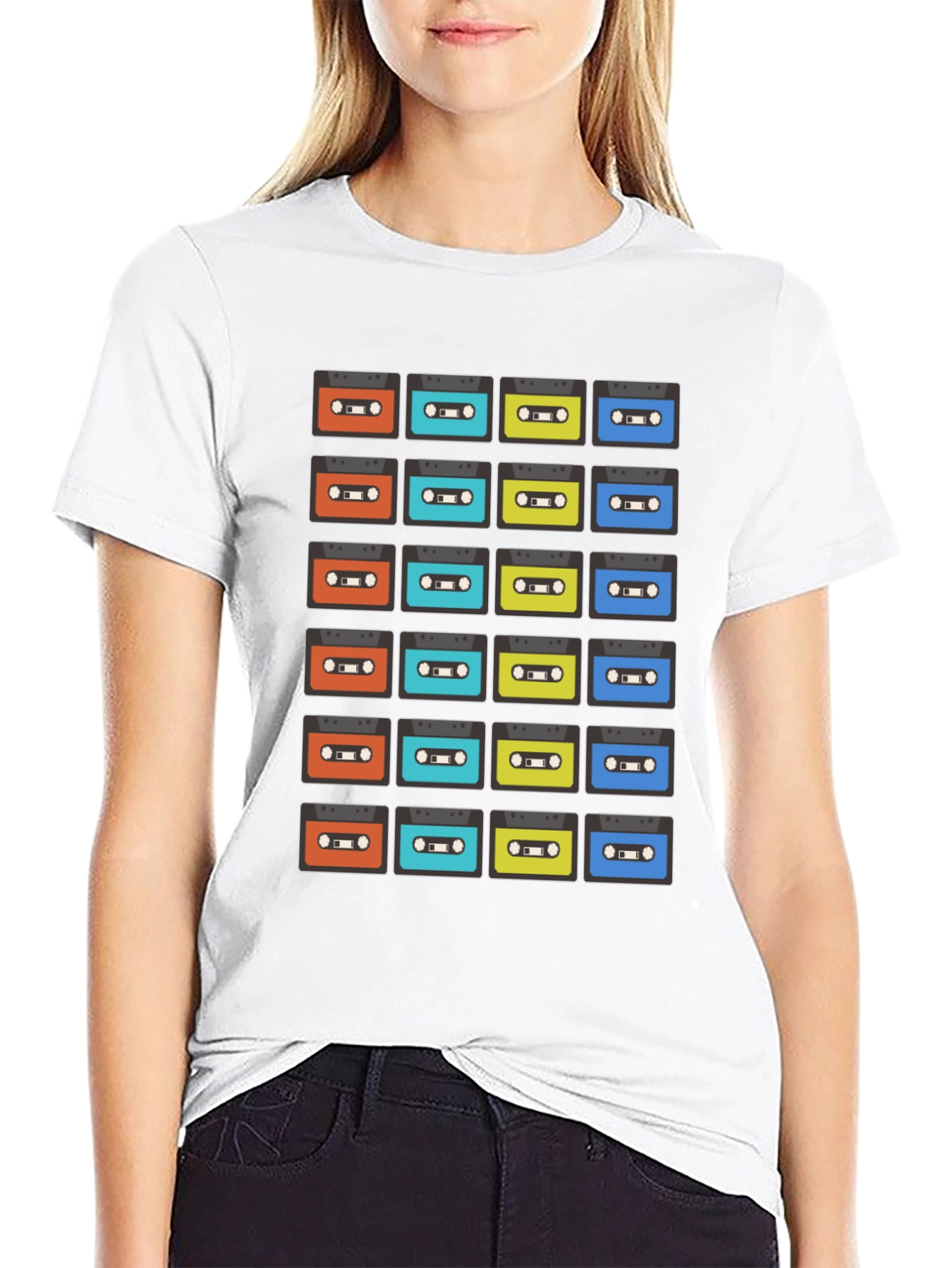 Retro Cassette Tape Pattern Black T-Shirt