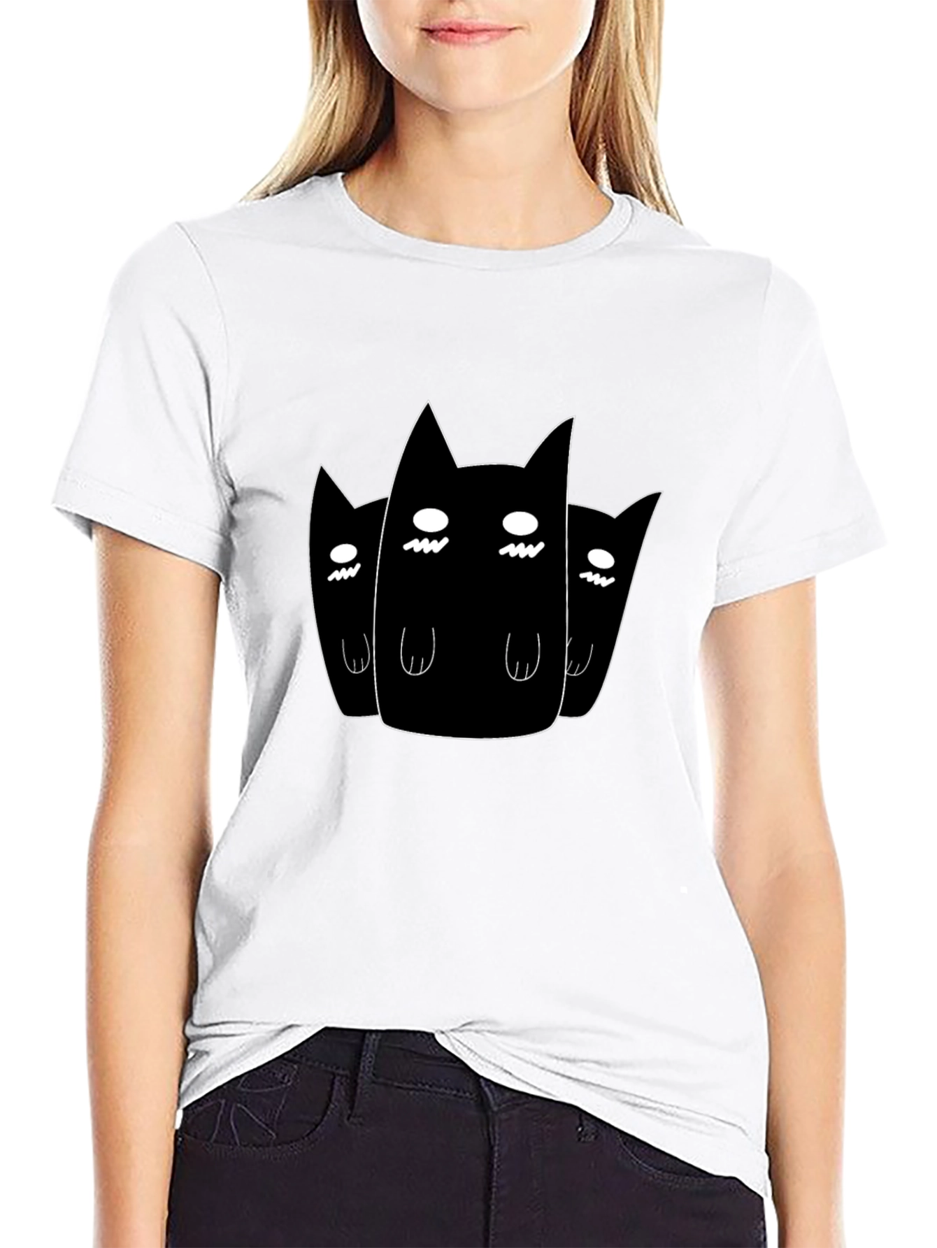 Black T-Shirt with Three Ghost Cats Graphic