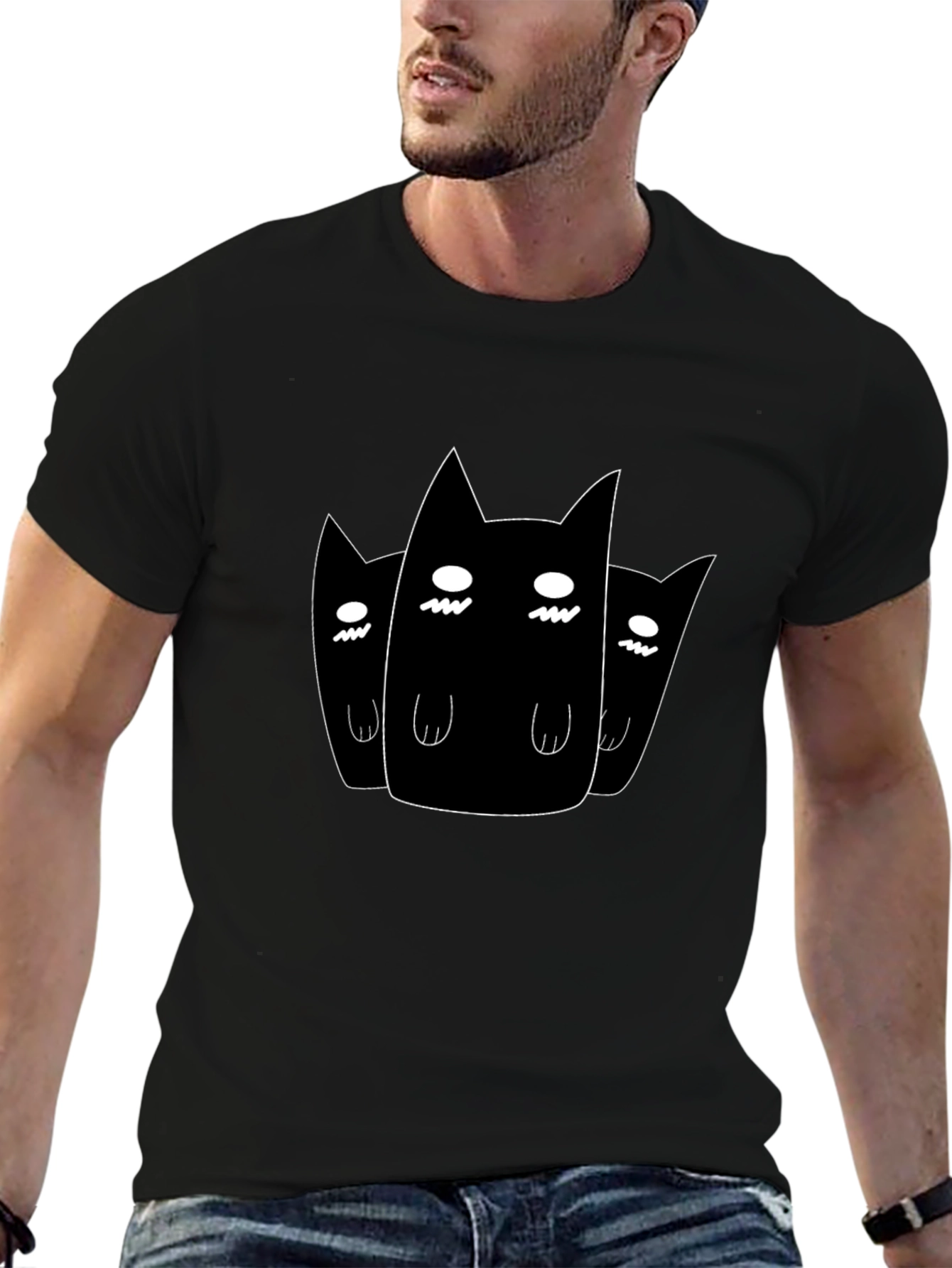 Black T-Shirt with Three Ghost Cats Graphic