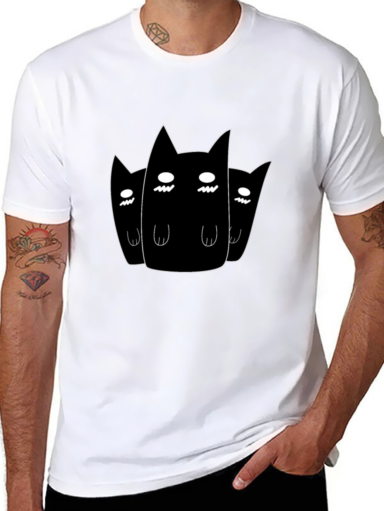 Black T-Shirt with Three Ghost Cats Graphic