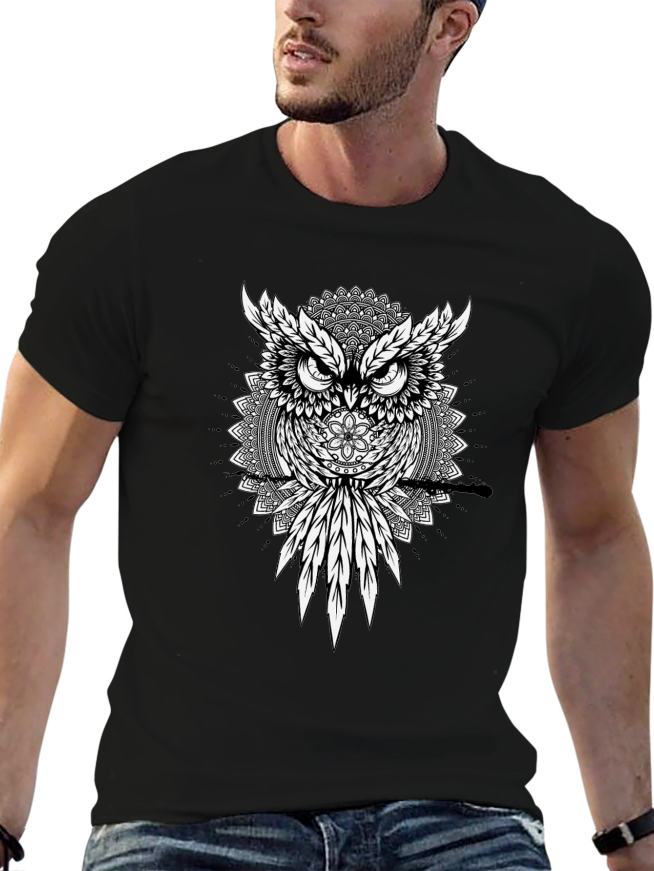 Owl Mandala Graphic Print Black T-Shirt
