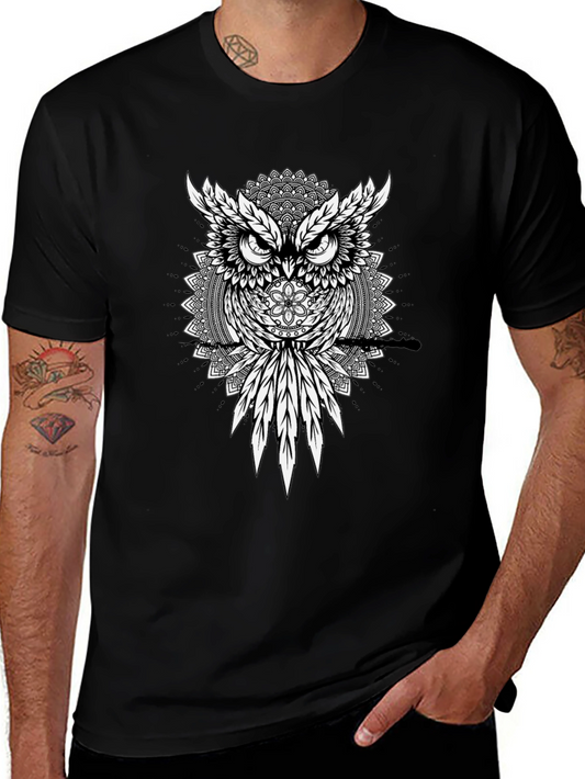 Owl Mandala Graphic Print Black T-Shirt