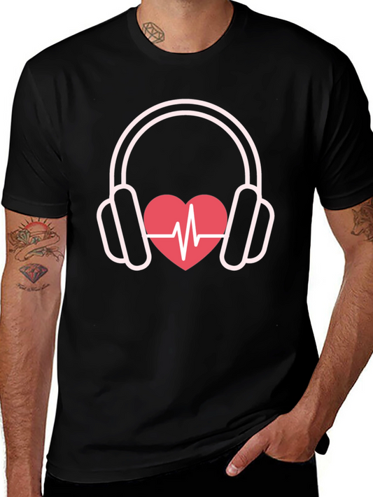 Heartbeat Headphones Graphic Tee - Stylish Black T-Shirt