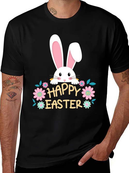 Happy Easter Bunny Graphic Tee - Black Cotton T-Shirt