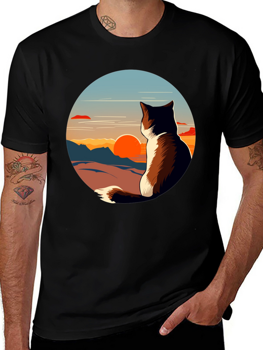 Sunset Cat Graphic Tee - Unisex Black T-Shirt